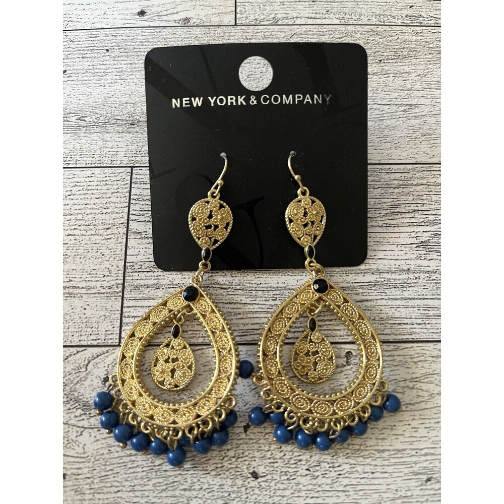 New York & Company Dangle Drop Earrings Gold Tone Blue Beads Fashion Jewelry